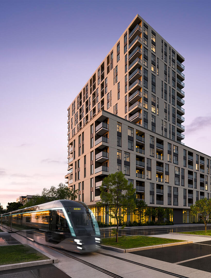 Rendu du projet Alo Ste-Foy au crépuscule : tour résidentielle de 18 étages sur le boulevard Hochelaga à Québec, devant laquelle passe le tramway